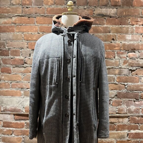 ETRO Milano Wool Blend Houndstooth Coat with Shearling Hood - Picture 1 of 14